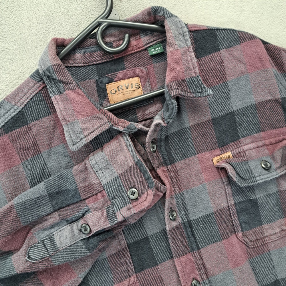 Orvis Mens Plaid Flannel Long Sleeve Shirt 2XL Red Black Casual Heavy Winter